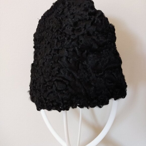 Vintage Curly Lamb Fur Hat Black Winter Garrison Cap XS - Picture 6 of 14